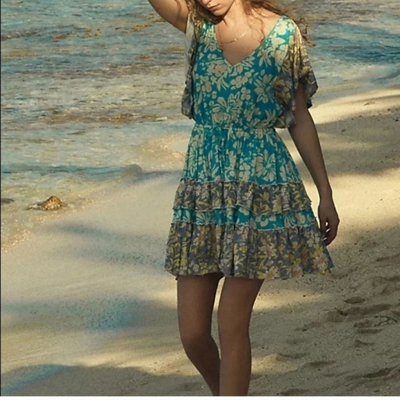 ANTHROPOLOGIE Daily Practice Tiered Ruffle Mini Dress Turquois Floral SZ Small - Picture 5 of 13